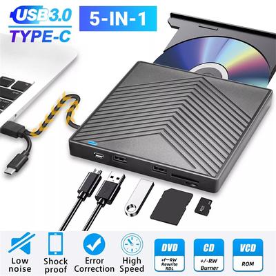 5-в-1 Внешний USB 3.0 Type-C DVD RW CD Привод Записывающее устройство Читатель Плеер Оптический привод Внешний Для ПК Ноутбука Windows 11 10