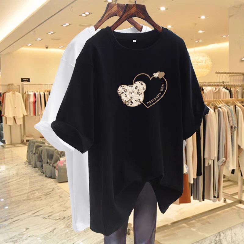 2024 Плюс Размер Женская Чистый Хлопок Прикрывающая Бедра Свободная Футболка Средней Длины