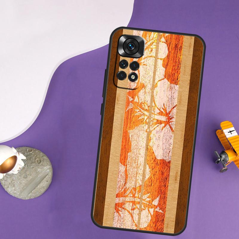 Hawaiian Faux Wood Surfboard Case For Xiaomi Redmi Note 13 14 Pro 12 9 10 11 Pro 10S 11S 12S Redmi 14C 13C 10C 12C Cover