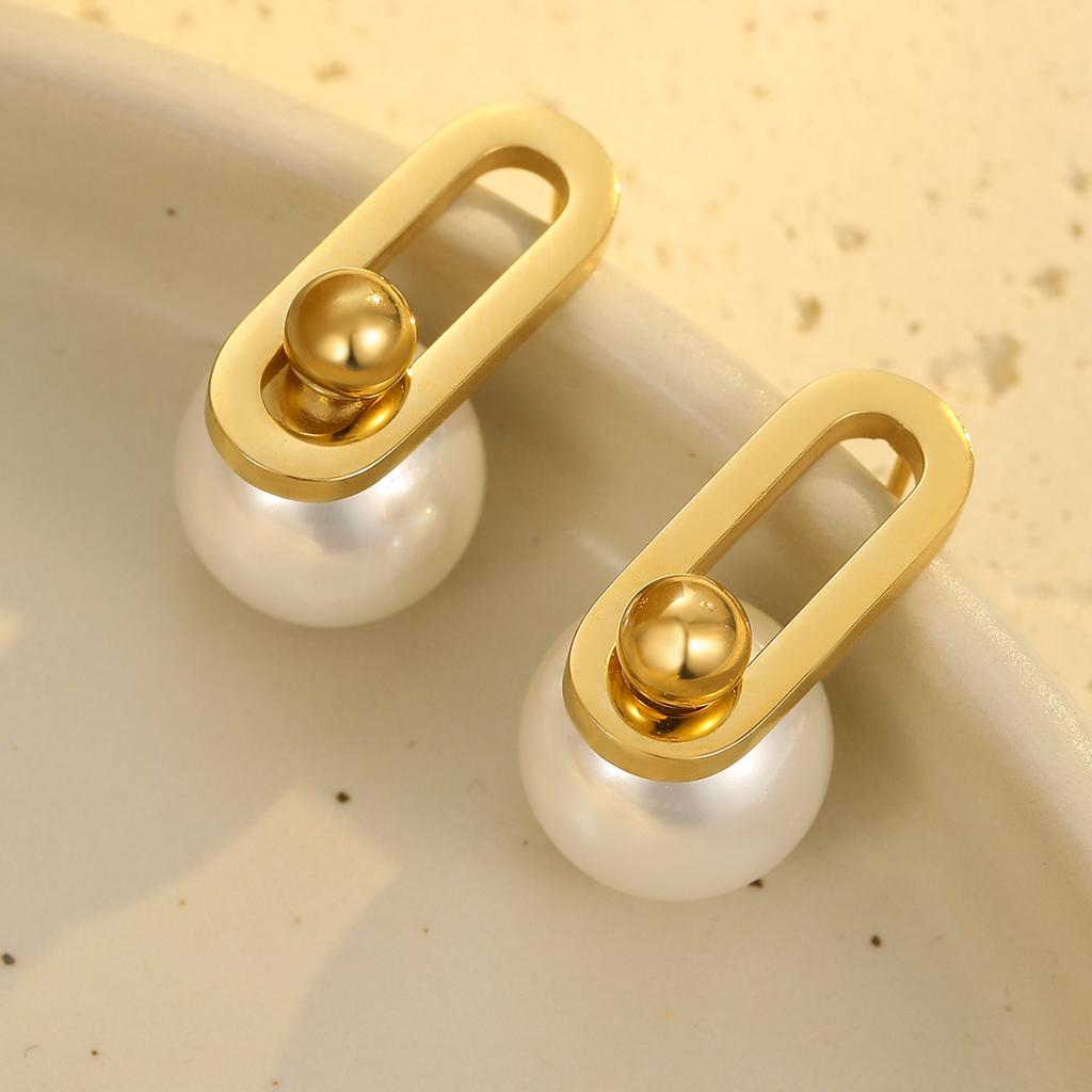 GEMCHIC Women's Minimalist Geometric Faux Pearl Stainless Steel Stud Earrings Gold Plated Elegant Fashion Jewelry