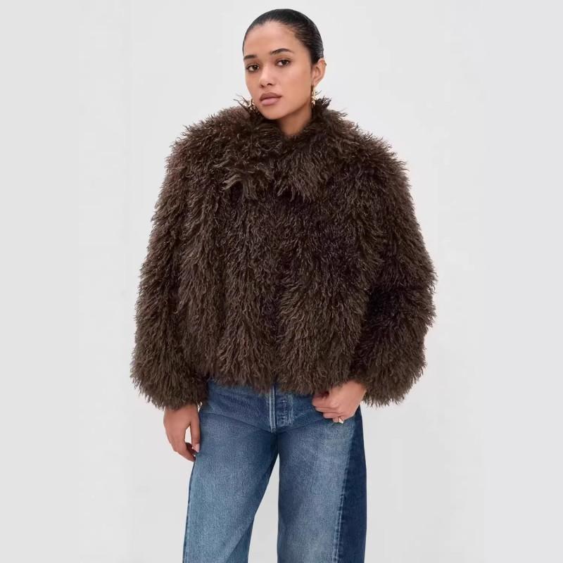 Vintage Oversized Lapel Jacket Women Faux Mink Fur Shearling Trim Casual Streetwear