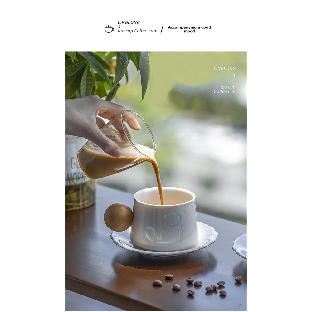 Cute Cat Ceramic Coffee Cup with Saucer, 230ml Porcelain Tea Cup with Wooden Handle