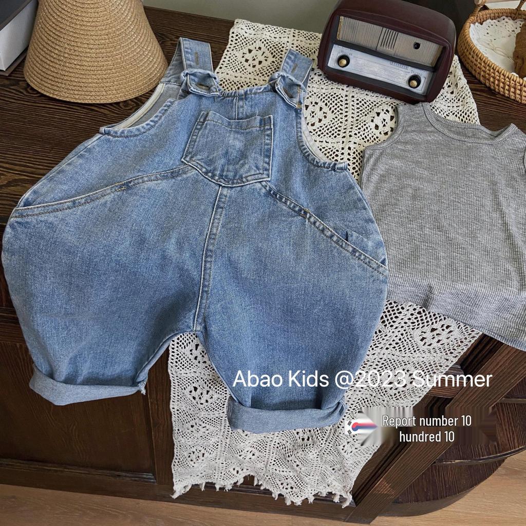 Girls' Denim Overalls Set with Ribbed Vest