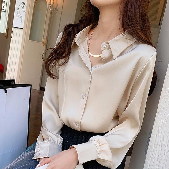 Женские шелковые рубашки с v-образным вырезом, однотонные топы, женские весенние модные атласные блузки с длинными рукавами, винтажный топ на пуговицах