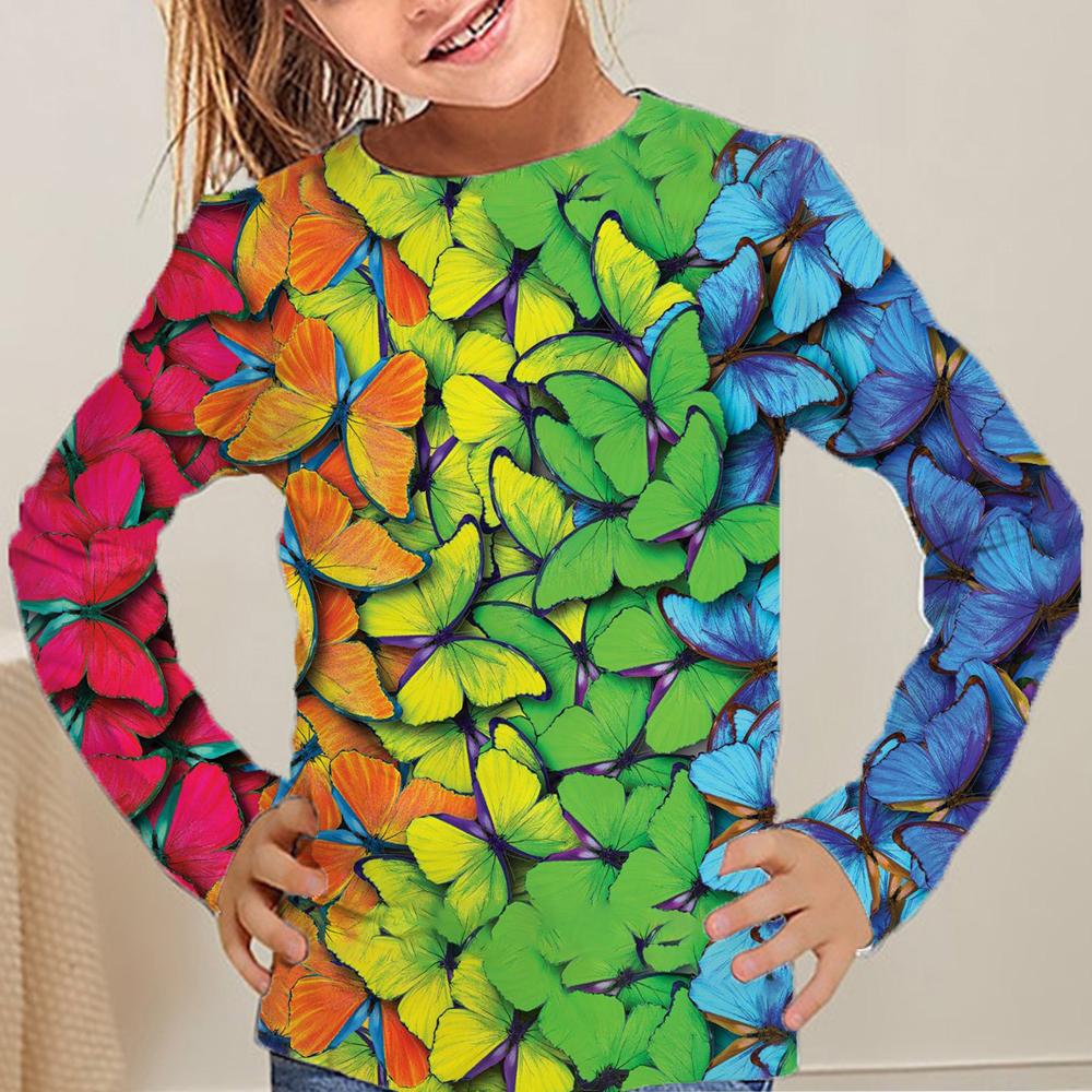 2024 Летняя детская одежда для девочек Футболки с принтом бабочки 3D, детская одежда с круглым вырезом, цельная футболка с коротким рукавом для девочек