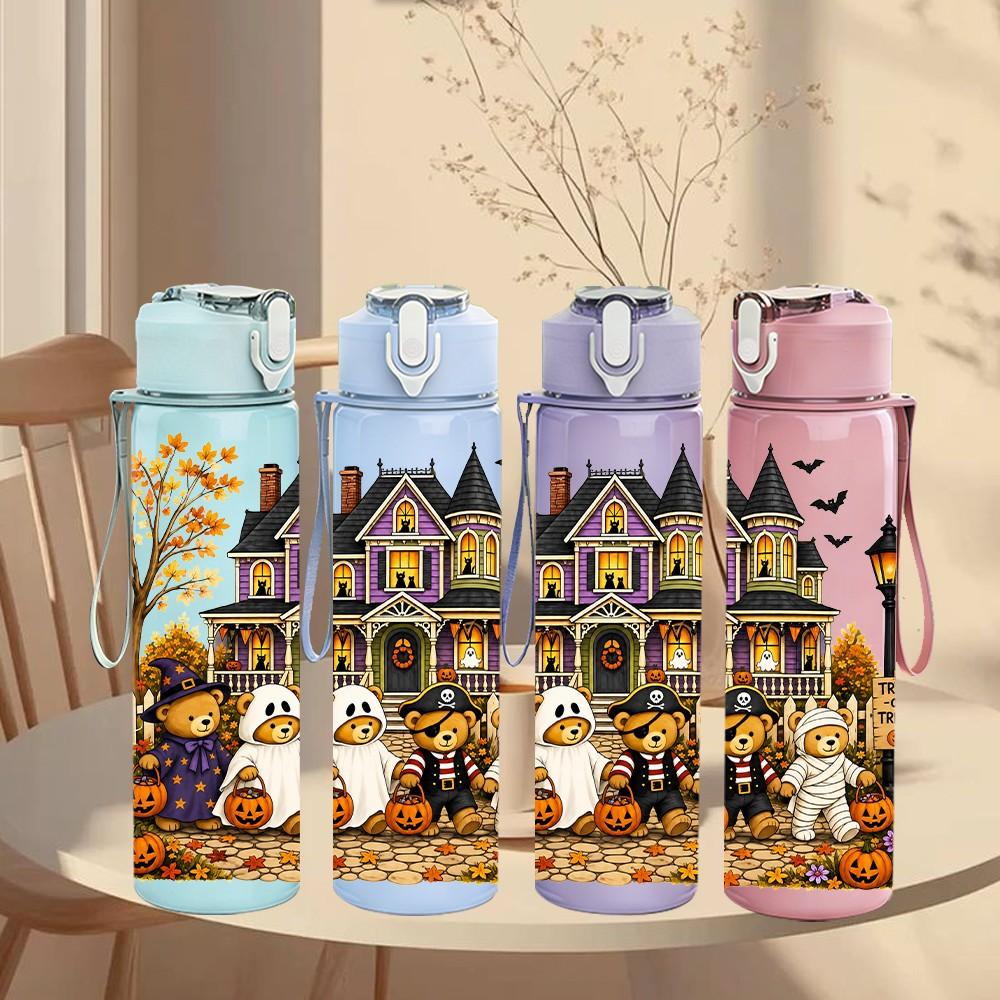 1PC Haunted Mansion Halloween 750ml Color Plastic Sports Water Bottle Leakproof Flip Straw Lid Suitable for Sports Office Home Use