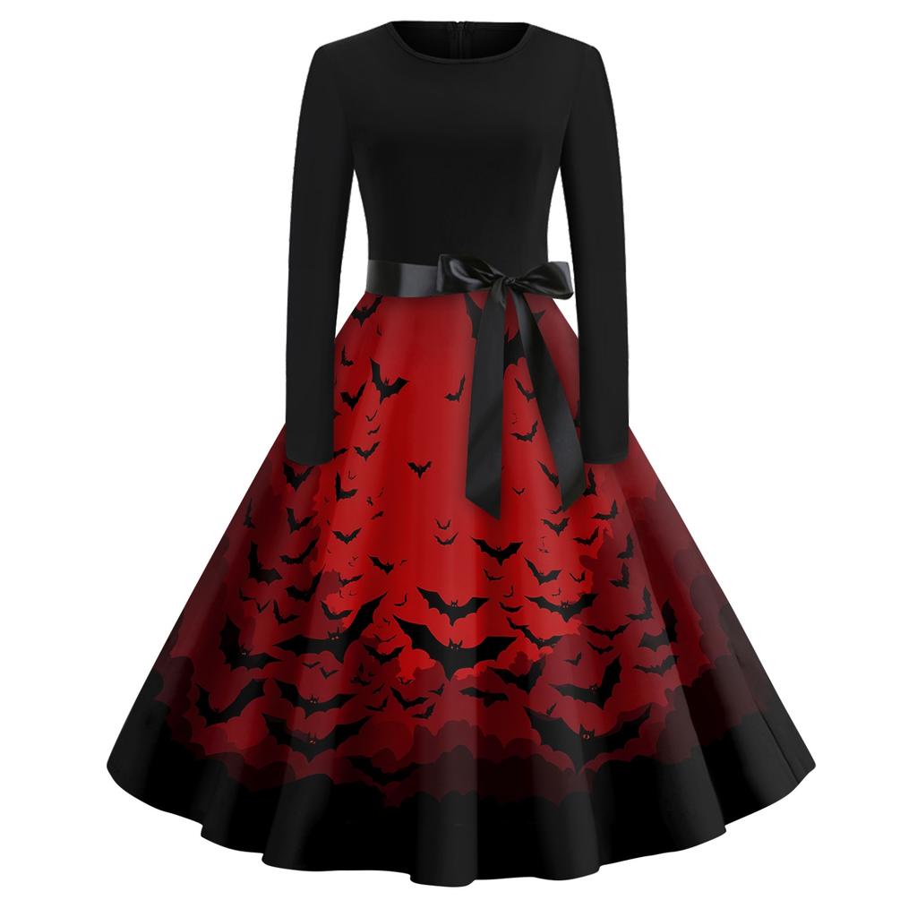 Women's Casual Long Sleeve Vintage Dress Halloween Printed Round Neck A-Line Midi Dress with Waist Tie Belt Retro Style