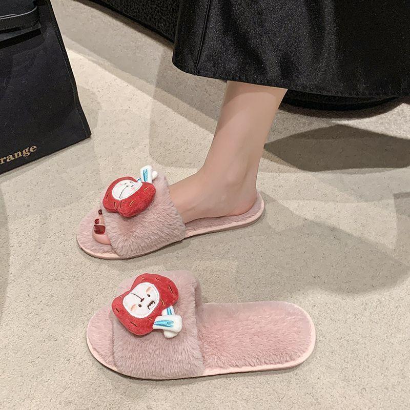 Теплые домашние нескользящие тапочки с плоской подошвой и пушистой отделкой, новинка зимы 2025, милые мультяшные хлопковые тапочки на перемычке, женская обувь