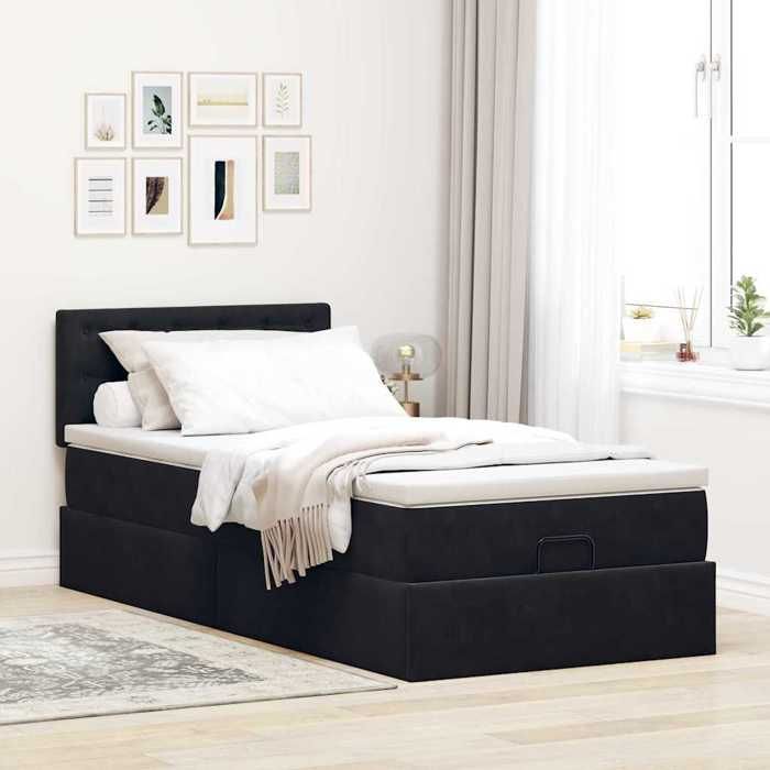 Lit ottoman - Maison Exclusive - 80x200cm - Velours noir - Matelas inclus - LED intégrée
