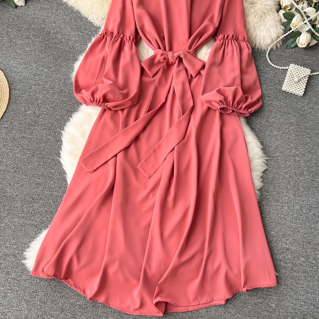 Женские винтажные милые платья средней длины с высокой талией А-силуэта с круглым вырезом и рукавами-фонариками на шнуровке Vestidos весна-лето Женское платье