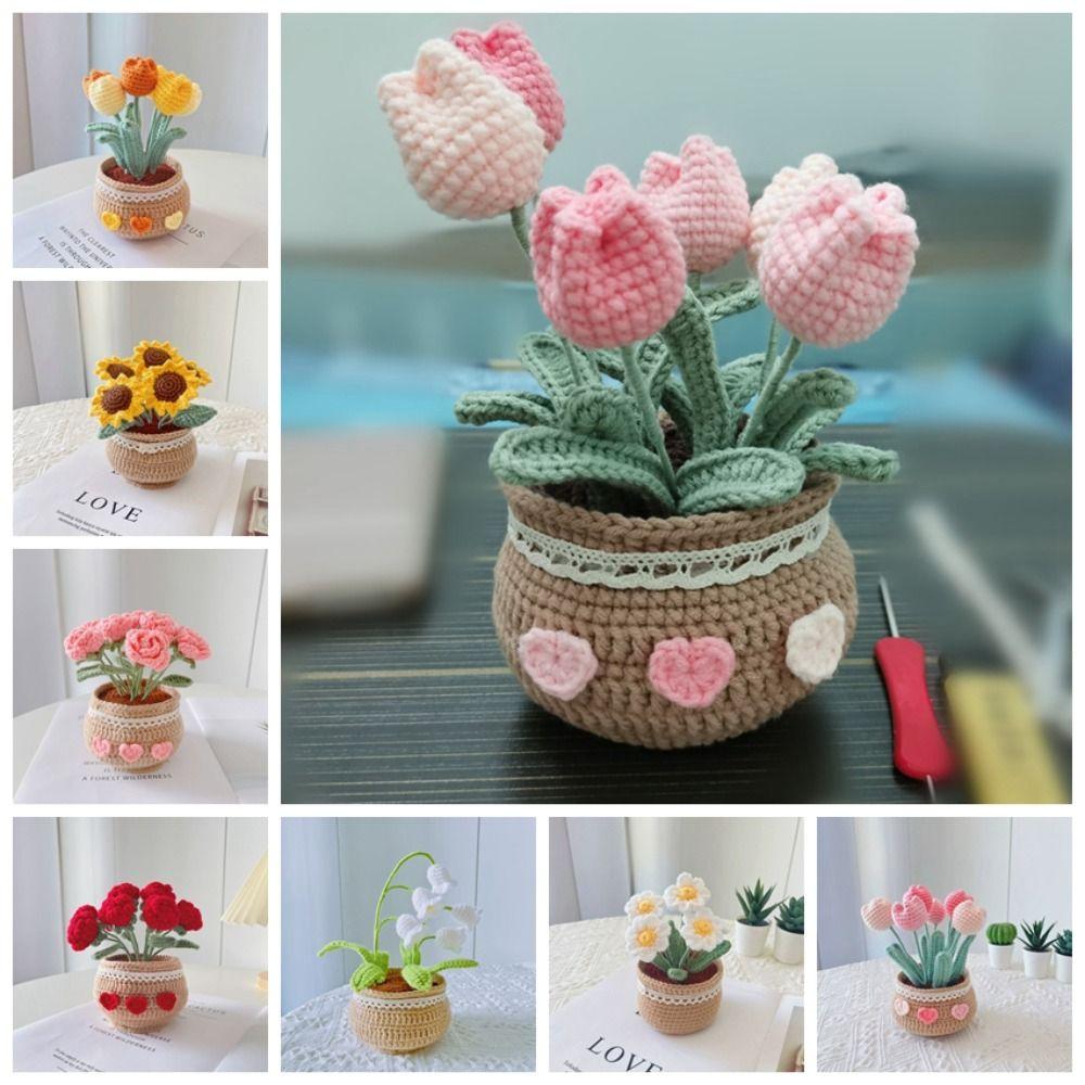 Handmade Woolen Yarn Flowers Crochet Knitting Kit No Finish Tulip Potted Flower Desktop Ornament