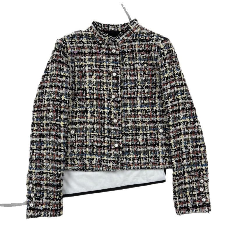 2026 Womens Silk-Lined Tweed Cropped Jacket With Stand Collar Colorful Sequins Plaid