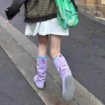 Женские дизайнерские фиолетовые плиссированные длинные сапоги Женские осенне-зимние новые нескользящие теплые сапоги для снега Слипоны Толстый каблук До колена Рыцарские боты