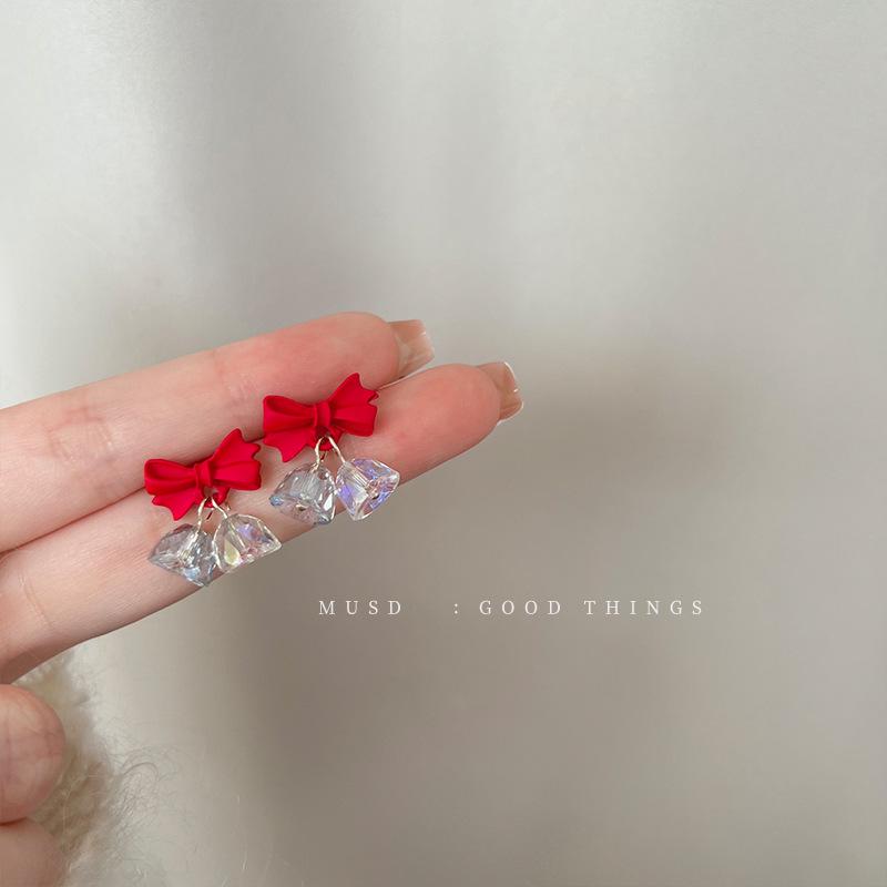 Муссовые Рождественские Красные Серьги-клипсы с Бантиком и Колокольчиком для Девочек