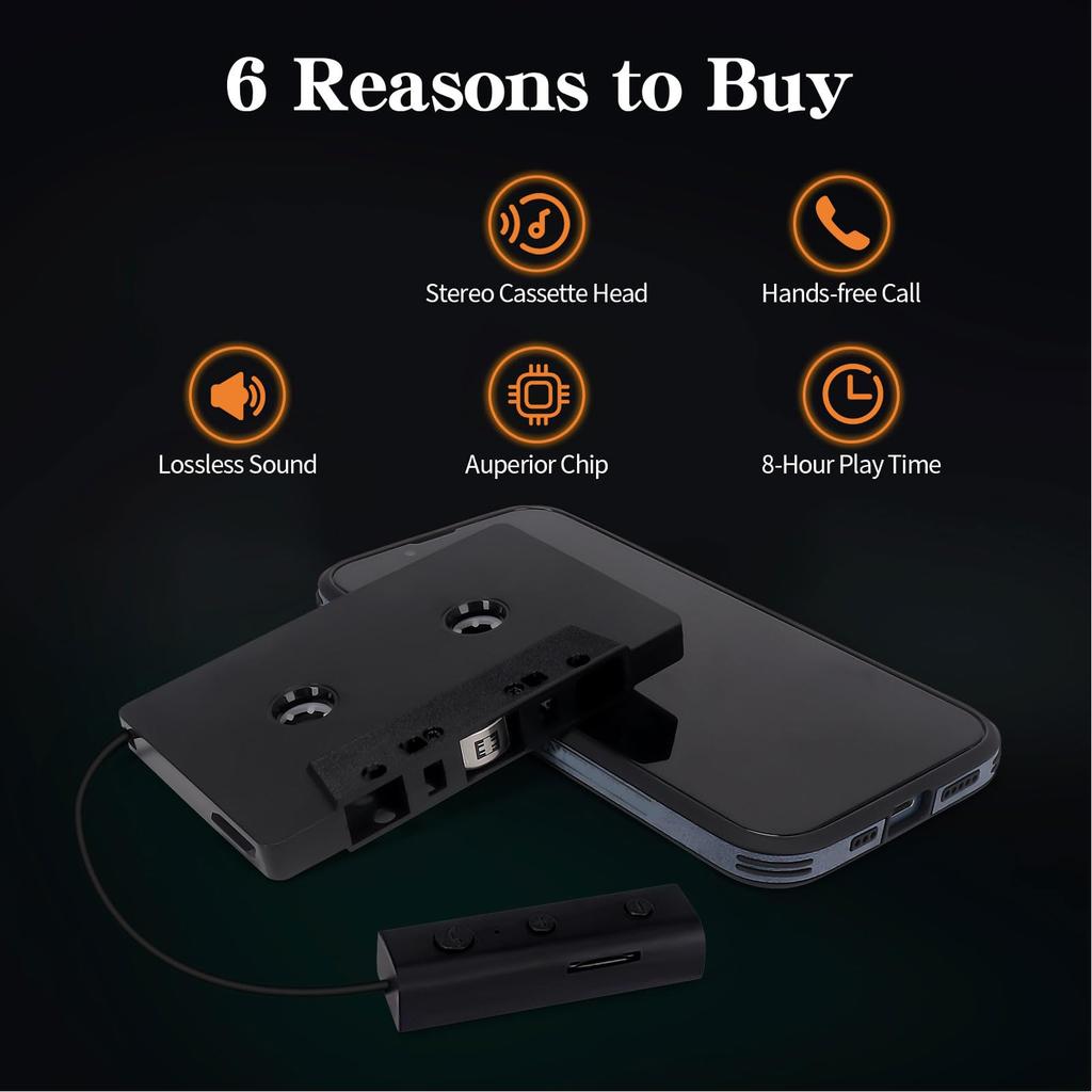 TOPINCN Bluetooth 5.0 4-канальный автомобильный кассетный конвертер, автоматическое выключение, подключи и играй, и воспроизводимый через USB-кабель