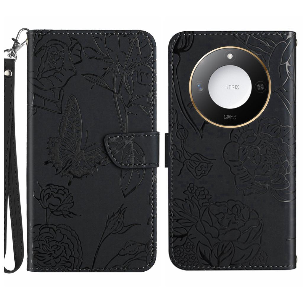 For Honor X9c Smart 5G Case Butterfly Flower Imprinted Leather Phone Cover with Strap