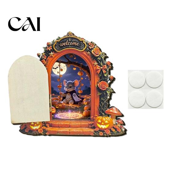 Holiday Gift for Children Halloween Mouse Hole Wall Decoration, Retro Arched Fairy Door with Pumpkin Openable Miniature Ornament & Flower Decor, Home
