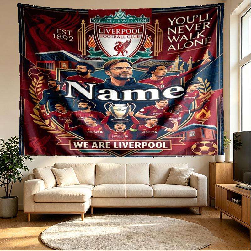 Custom Name Personalized Liverpool FC Print Tapestry, Wall Art Decor, Bedroom, Dorm, Apartment, LivingRoom, Party Backdrop, Gift for Birthday
