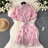 French Retro Sets for Women's New Fashion Summer 3D Flower Short Sleeve Shirt Tops + Fluffy Skirt Two Piece Suit