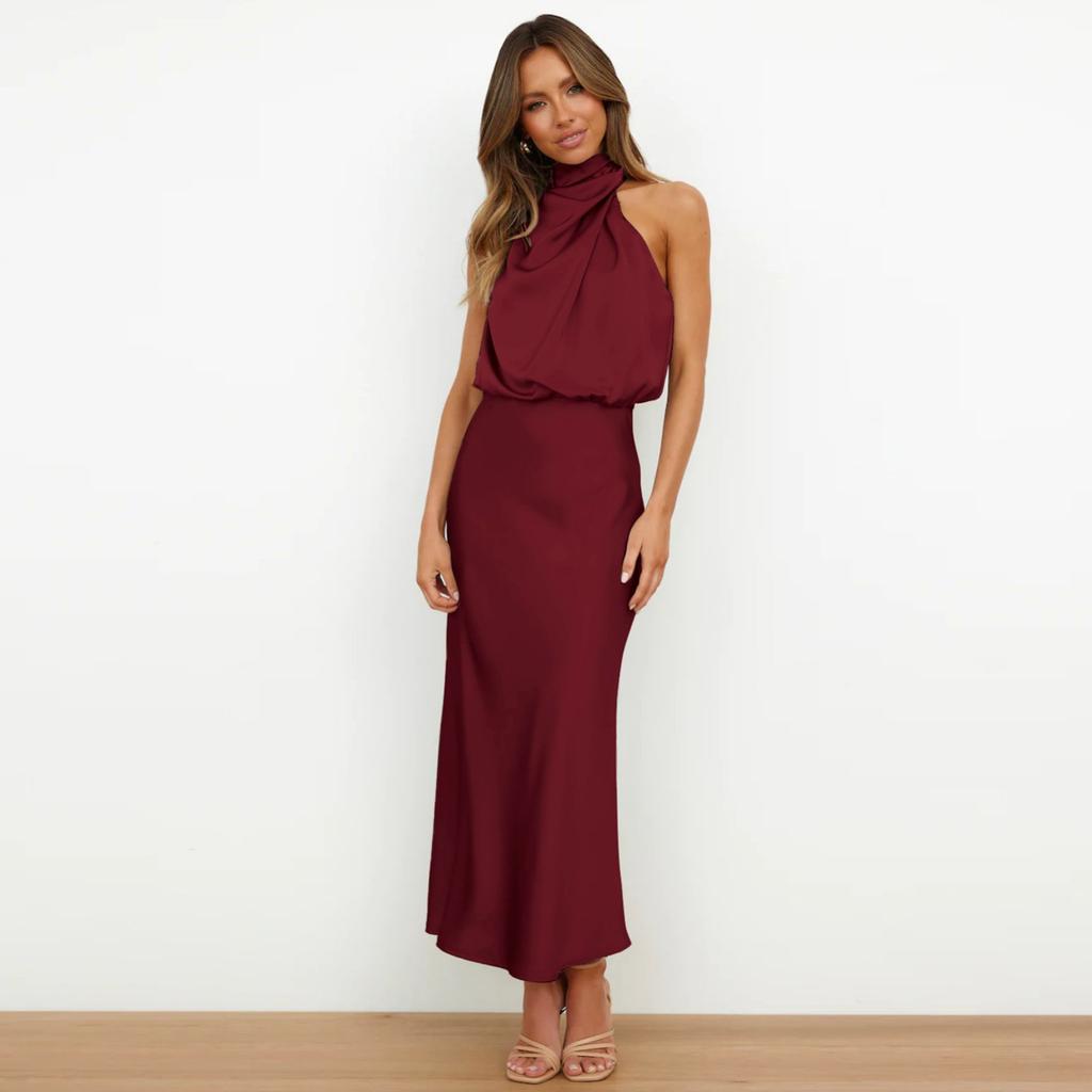 Женские коктейльные платья без рукавов с воротником-стойкой и эластичной резинкой на талии для вечеринки, свадьбы, для гостей, атласное платье средней длины с высоким разрезом