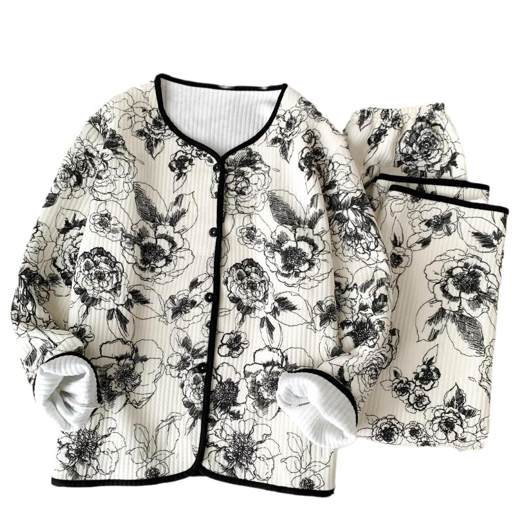 Многослойный комплект стеганой пижамы из хлопка с длинным рукавом для женщин - Повседневный кардиган для дома на осень/зиму