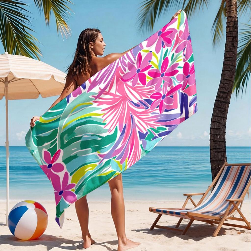 Яркий Цветок Лист Микрофибра Пляжное Полотенце 2D Плоская Печать Водонепроницаемое Пескостойкое Дорожное Полотенце Для Ванной Для Отпуска На Побережье