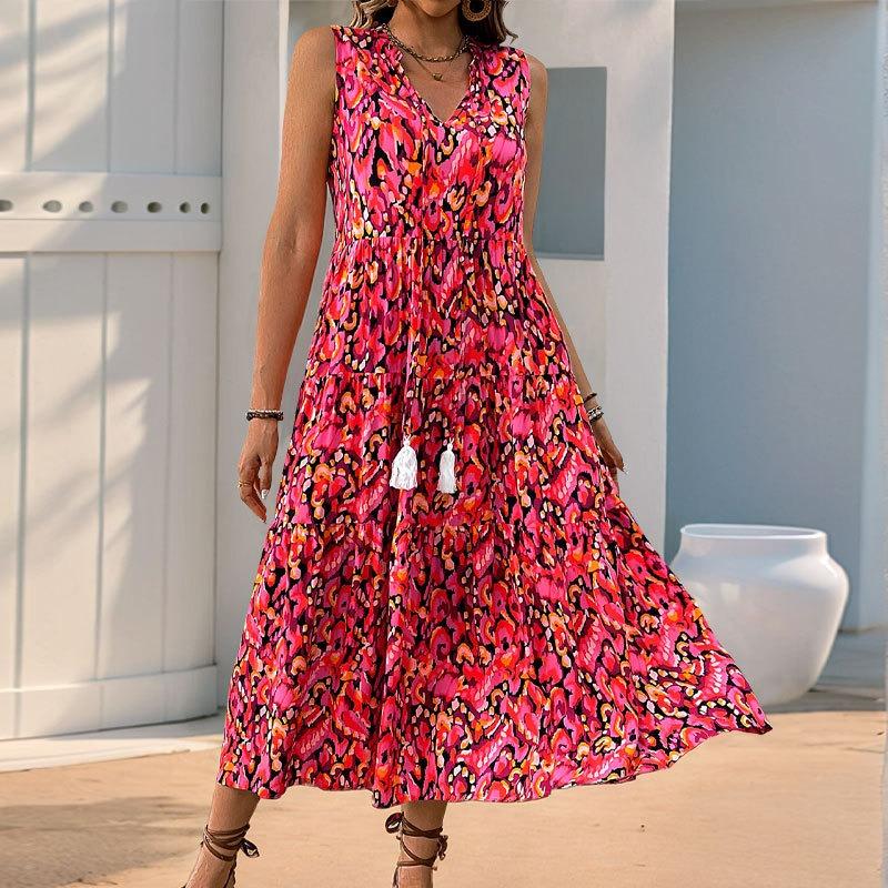 Женское летнее темпераментное платье в этническом стиле без рукавов с V-образным вырезом и принтом