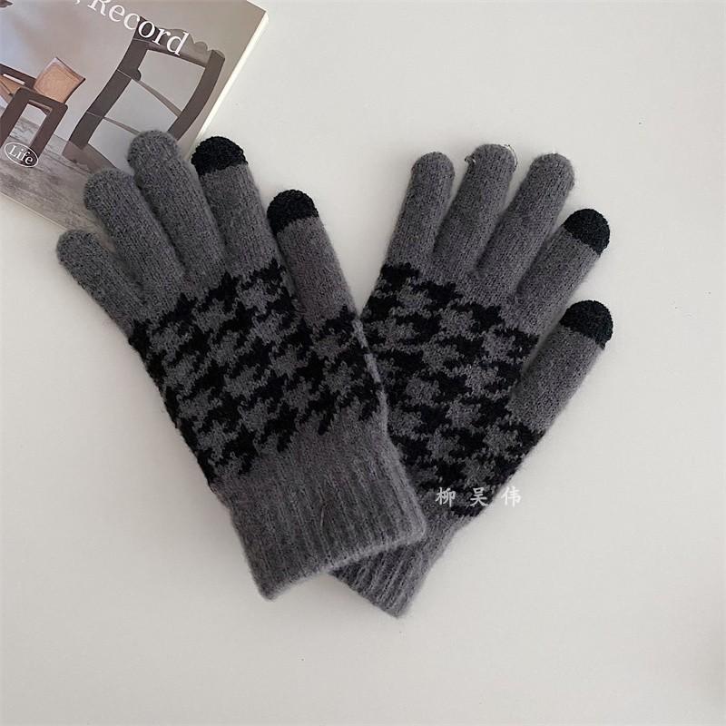Осенние и зимние перчатки Thousand Bird Grid Knitted для женщин, корейские бархатные перчатки для сенсорных экранов, защита от холода и тепла, перчатки для езды на велосипеде и пальцев для мужчин