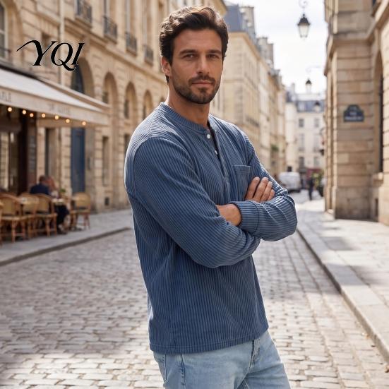 Easy Care Machine Washable Shirt Men Corduroy Pullover Shirt, Long Sleeve Button Collar with Chest Pocket, Mens Loose Fit Ribbed Textured Sweatshirt