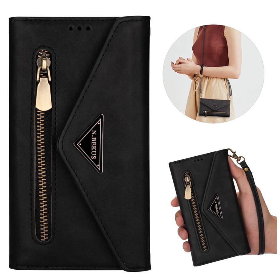 Wallet Skin-feeling Multi-card Zipper With Lanyard Leather Case For iPhone 14 Pro Max Samsung Galaxy A13 A33 A53 Xiaomi Redmi Note 11 Huawei P30 Lite