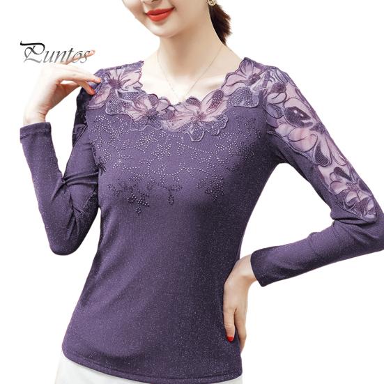 Long Round Women Neck Tops Sleeve Mesh Lace Embroidery Pullover Tops Solid Color Slim Fit Blouse Daily Wear