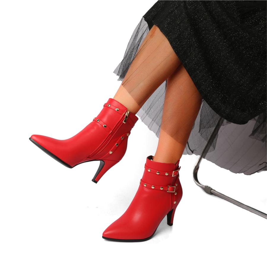 FOREADA Women Ankle Boots Pointed Toe Kitten High Heels Buckle Zipper Rivets Short Boots Ladies Fashion Shoes Winter Red 46