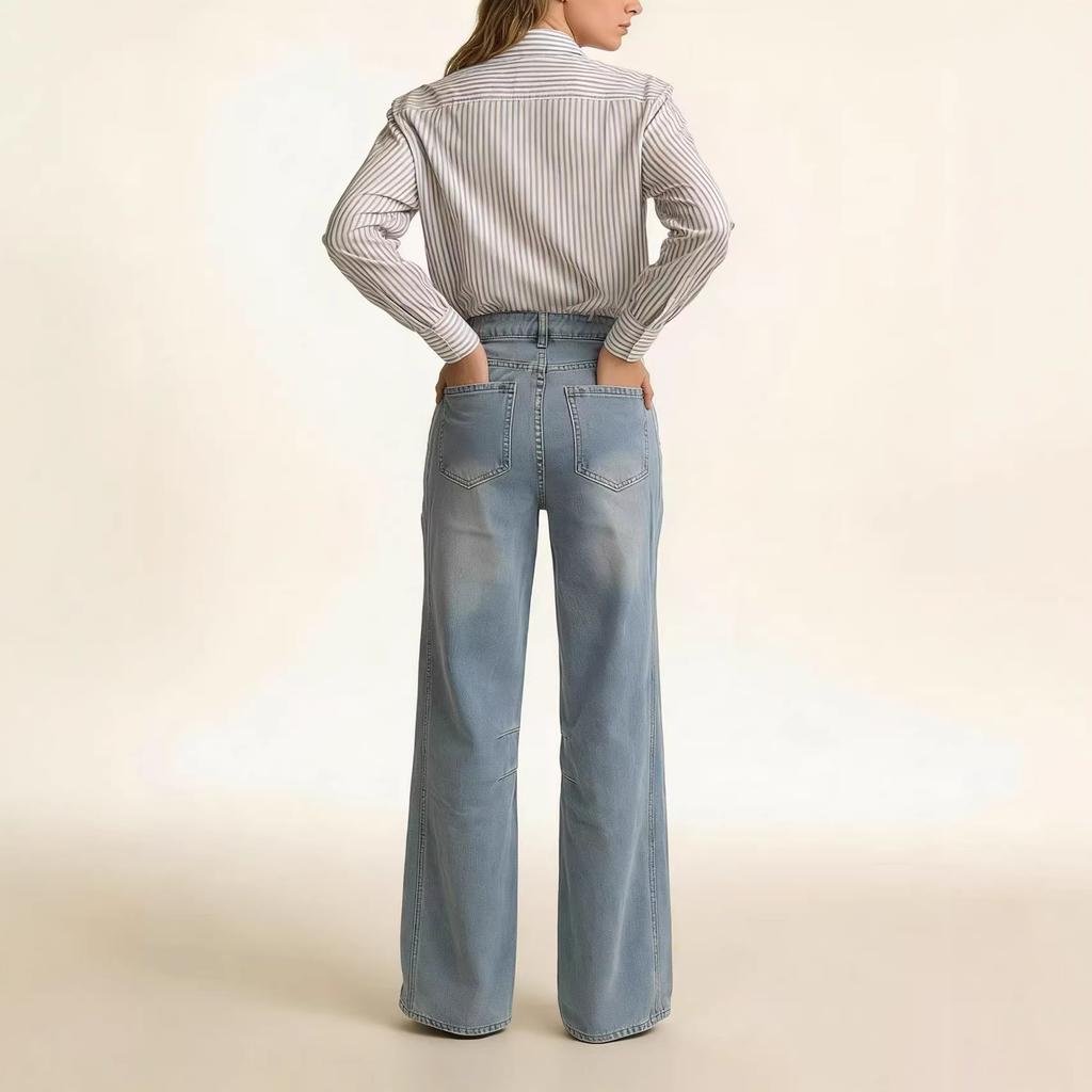 European and American mid-waist loose retro mid-waist temperament women's wide-leg jeans