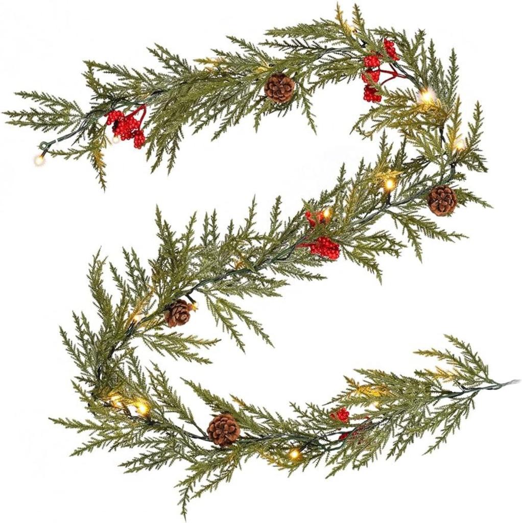 Christmas Wreath With Cones, Red Berries, Bells, Powered Lights, Suitable For Door Frames, Stairs, Fireplaces, Indoors And Outdoors