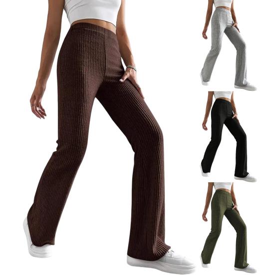 Women Pants High Waist Solid Color Ribbed Casual Trousers Slim Fit Spring