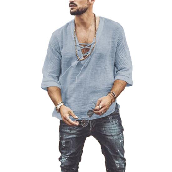 Мужская повседневная хлопково-льняная рубашка с полурукавом, V-образным вырезом и шнуровкой, футболки в богемном винтажном пляжном летнем стиле