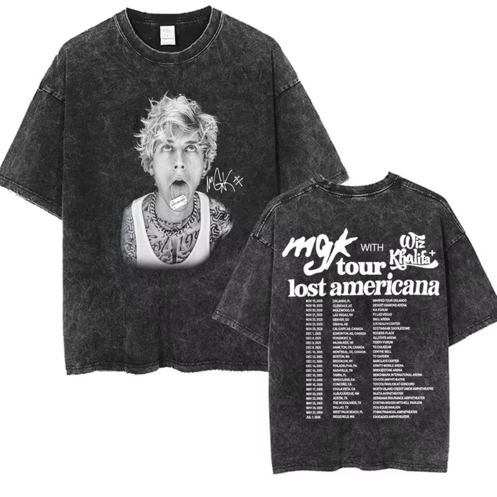 Vintage Washed Machine Gun Kelly T Shirt MGK Lost Americana Tour Fans Tshirts Men Women Punk Gothic Hip Hop Oversized Tees