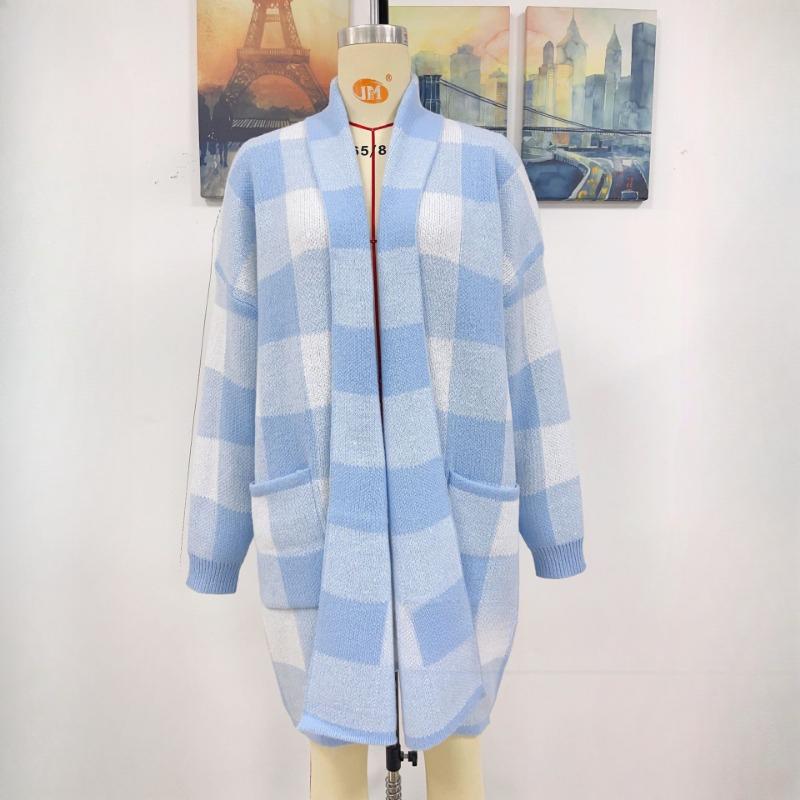 IHUASU Women's Jacket Loose Plaid Colour Block Knit Cardigan Fashion Sweater
