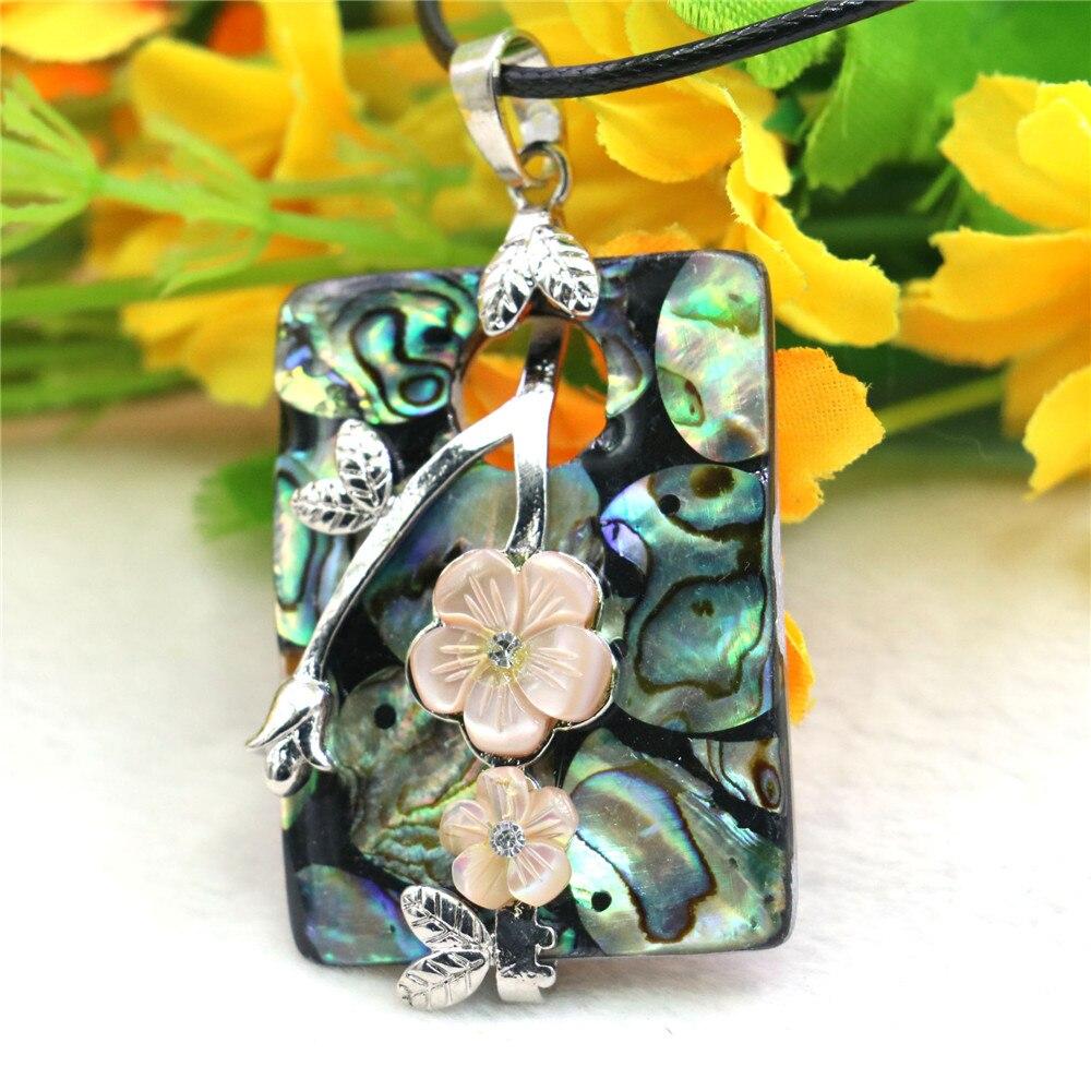 30X40mm Square Flower Leaf Mirage Natural Abalone Sea Pearl Shells Pendants Necklace Alloy Black Rope Chain Women Girls Jewelry