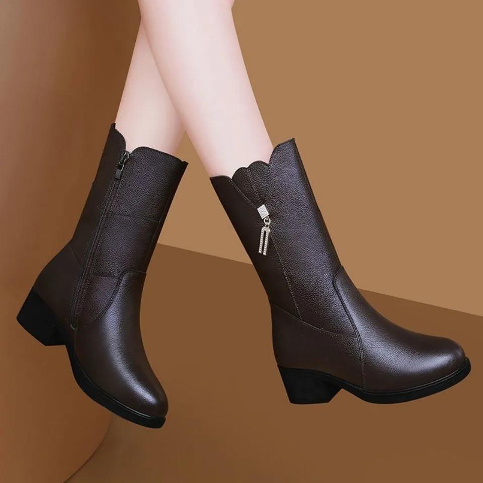 Autumn and Winter Plus Velvet Warm Soft Leather Mid-tube Boots Mid-heel Cotton Boots