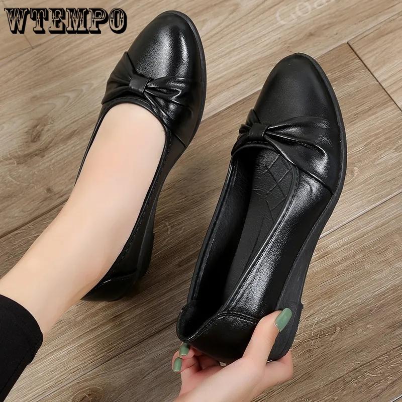 Black Leather Shoes Women's Shallow Mouth Slip-on Slope Heel Work Shoes Bow Fold Design Simple Casual Spring and Autumn