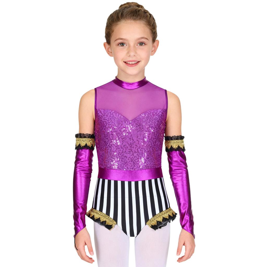 Girls Circus Costume Set Shiny Sequins Mock Neck Sleeveless Jumpsuit Matched Metallic Over Sleeve