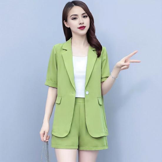 2 Piece Women Casual Outfit Lapel Short Sleeve Blazer Shorts Solid Color OL Style Single Button Blazer Shorts Set Elegant Office Suit