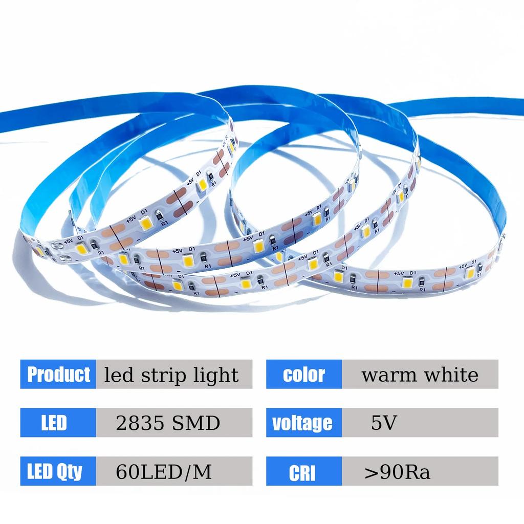 Светодиодная лента USB 5 В, белый/теплый белый цвет – гибкая лента SMD 2835, режется и самоклеится для подсветки телевизора, домашнего освещения