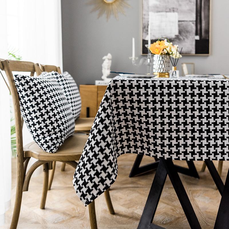 Thick Houndstooth Cotton Linen Tablecloth Simple Black White Checkered Tea Table Cover