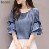 Women Casual Round Neck 3/4 Sleeve Summer Plaid Print Blouse