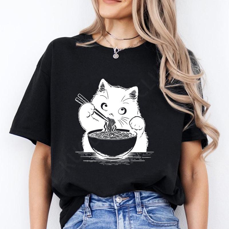 Noodle Cat Женские футболки Смешные Ramen Черная футболка с кошкой Женская одежда Обычные топы с коротким рукавом Женская мода Футболки с мультяшной графикой Женские