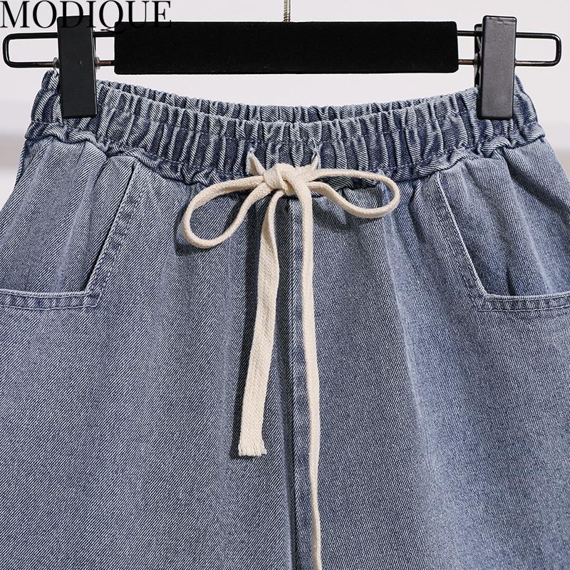 MODIQUE Лето Большие размеры Женские свободные базовые эластичные шнурки трапециевидной формы с широкими штанинами и закатанными джинсовыми шортами Шорты Женские повседневные синие короткие штаны