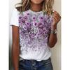 Women's Purple Flowers Print Summer Casual Round Neck Short Sleeve Top Outdoor Fashion Oversized