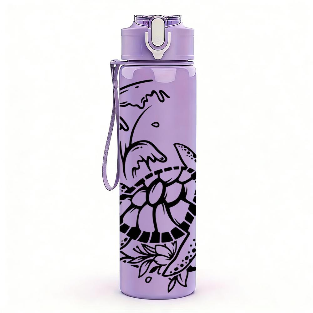 1PC Turtle Wave Sketch Graphic,750ml Color Plastic Sports Water Bottle,Leakproof Flip Straw Lid,Suitable for Sports Office Home Use